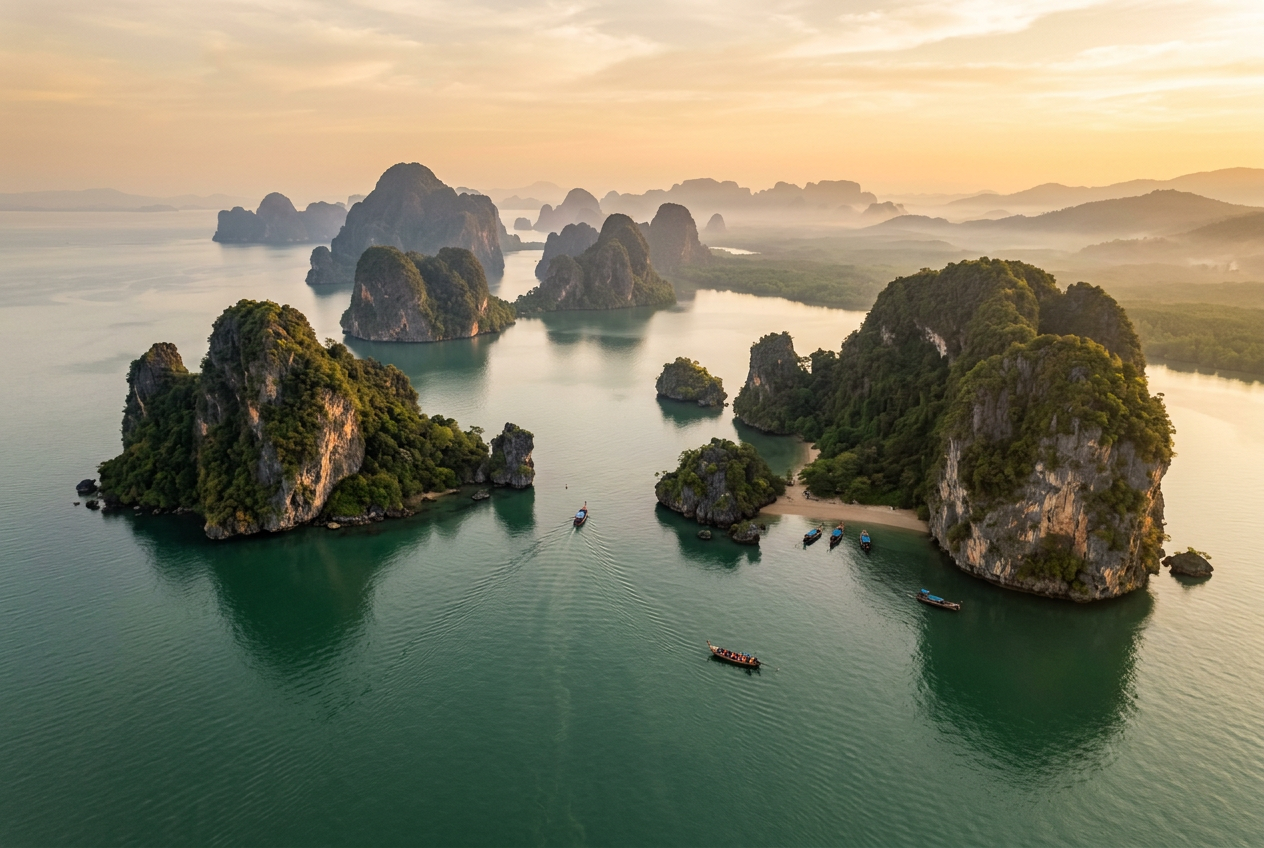 Aerial view of limestone karst islands in Phang Nga Bay on the Andaman coast at golden hour