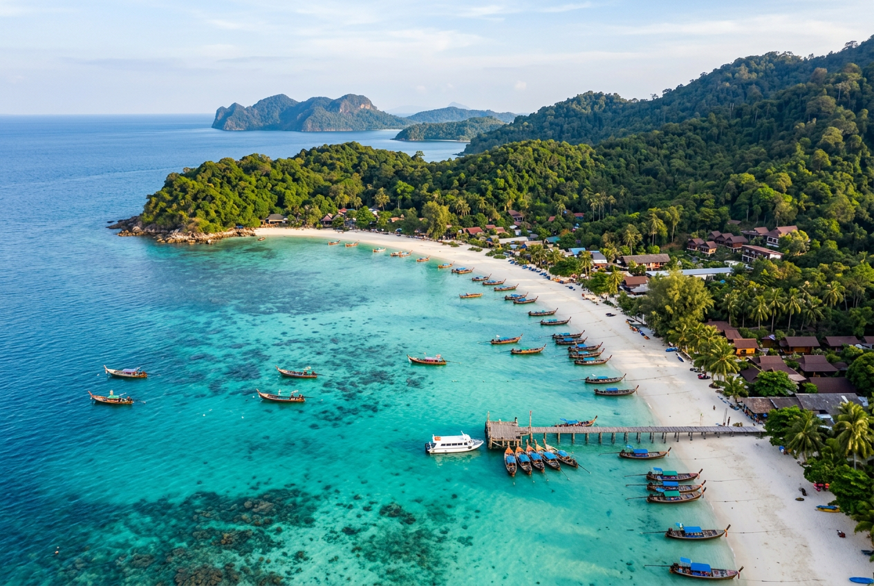 Aerial view of Koh Lipe in Tarutao National Park with turquoise water and longtail boats